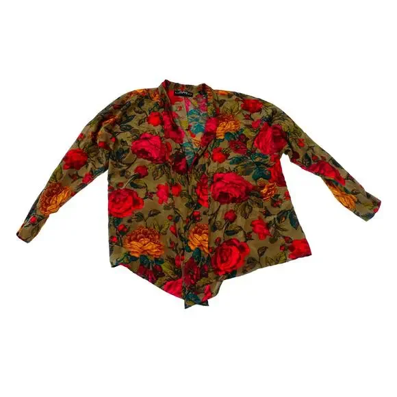 Vintage Ellen Tracy Silk Floral Open Front Blouse Hong Kong Women’s 10 - Picture 1 of 7